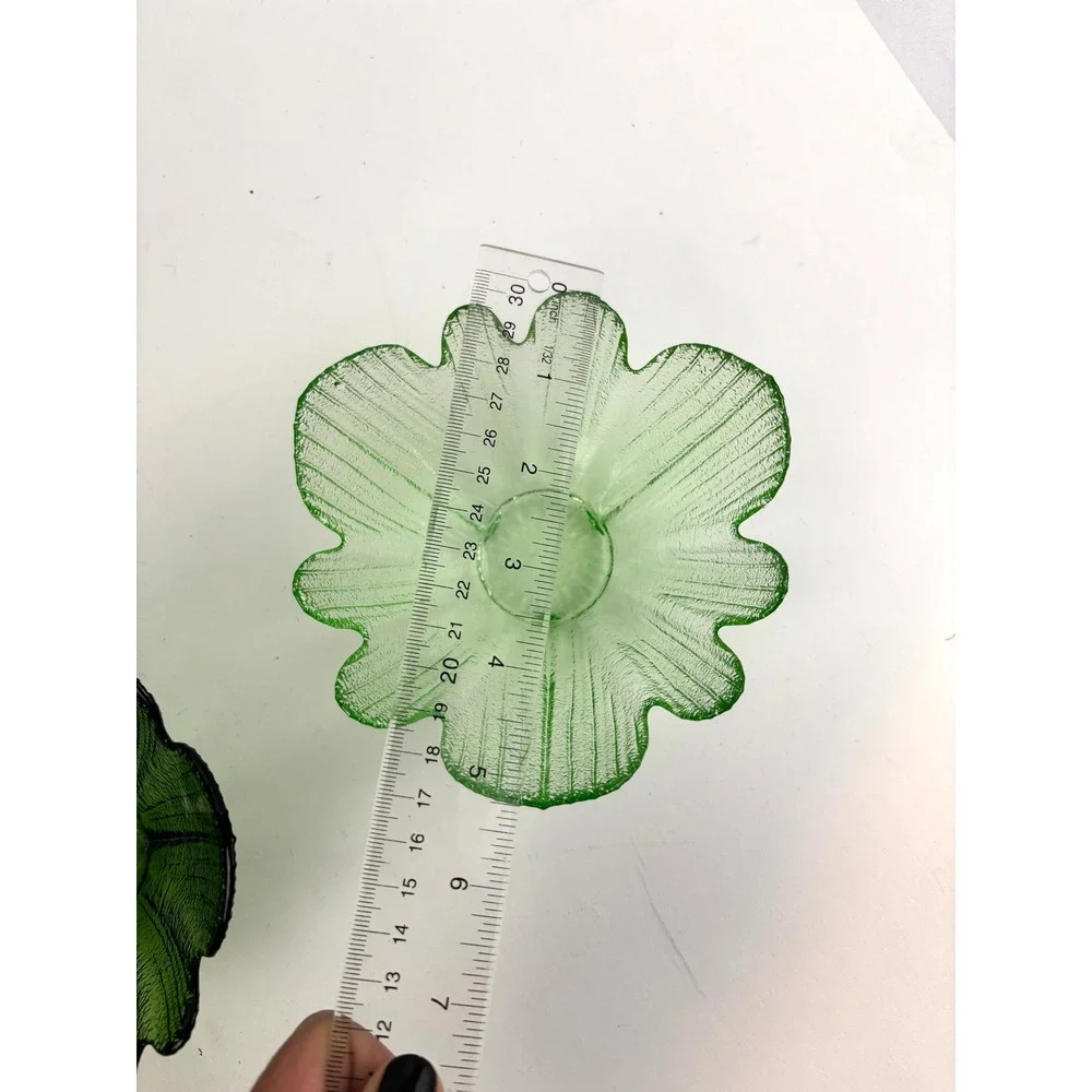 Vtg Pressed Glass Scalloped‎ Dessert Bowls Set of 3 Green Amethyst Ribbed Petal